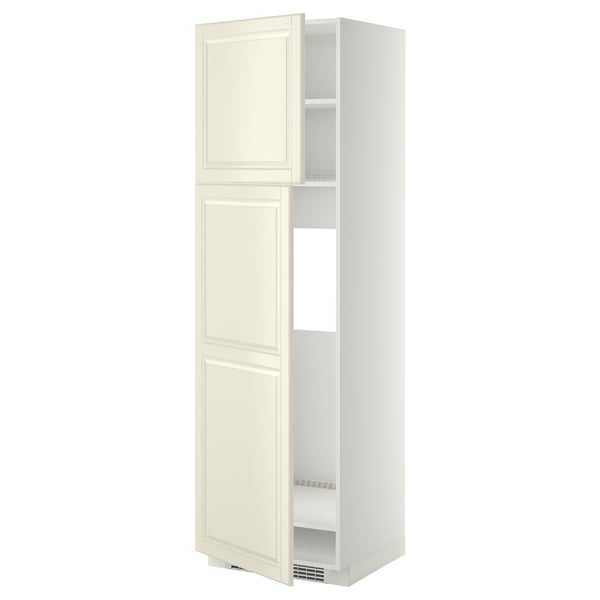 A tall, off-white kitchen cabinet with adjustable shelves, featuring a traditional design with beveled edges.