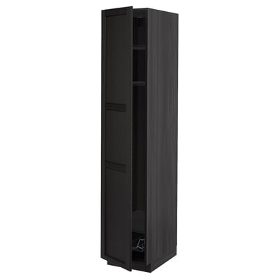 METOD tall, dark wood cabinet with wire basket, two adjustable shelves.