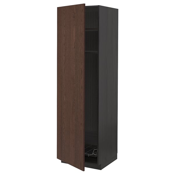 Dark brown wooden kitchen cabinet with adjustable shelves and metal basket, part of ikeas METOD series.