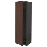 Dark brown wooden kitchen cabinet with adjustable shelves and metal basket, part of ikeas METOD series.
