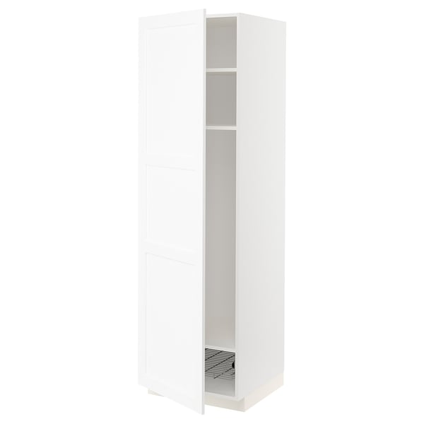 White METOD kitchen cabinet with one open door, two shelves, and a wire basket.