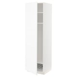 White METOD kitchen cabinet with one open door, two shelves, and a wire basket.