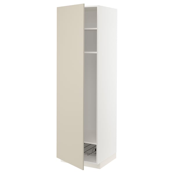 Beige METOD kitchen cabinet with open door revealing shelf and basket.