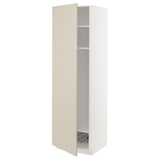 Beige METOD kitchen cabinet with open door revealing shelf and basket.