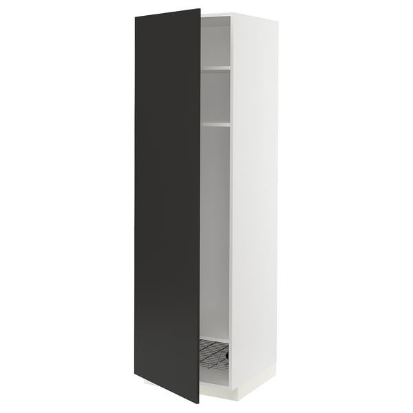 Open white kitchen cabinet with black door, shelves visible; minimalist design.
