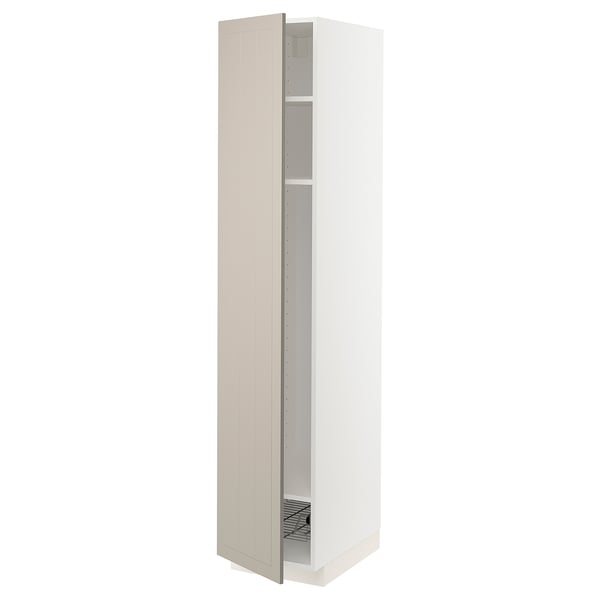 Ikea METOD beige kitchen cabinet with shelves and basket, tall, white-based.