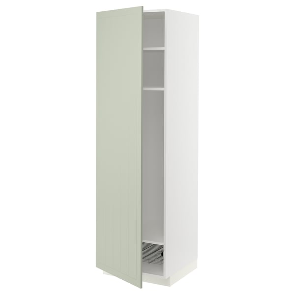 Green METOD kitchen cabinet, tall and narrow with open door.