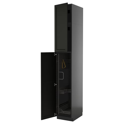 Black kitchen cabinet, tall, rectangular, modern, with doors open revealing interior.