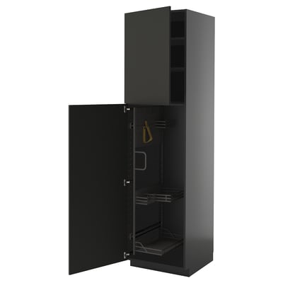 Black kitchen cabinet, tall, two doors, one open revealing shelves and hooks.