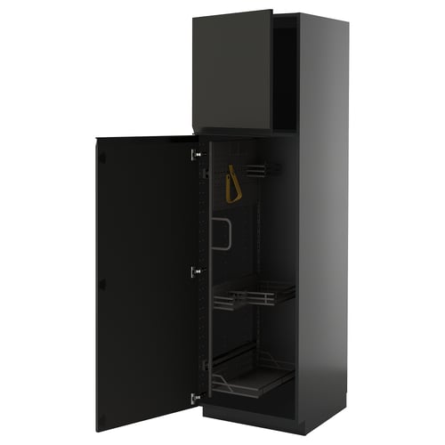 Open black METOD cabinet with shelves and hooks; modern design.