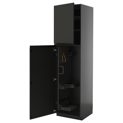 Modern black METOD kitchen cabinet with sleek doors and pull-out shelves.