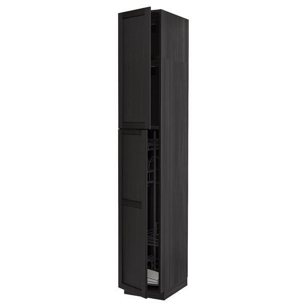 Black wood cabinet with two doors and metal hinges.