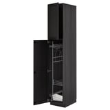 Black stained wooden kitchen cabinet with organized shelves.