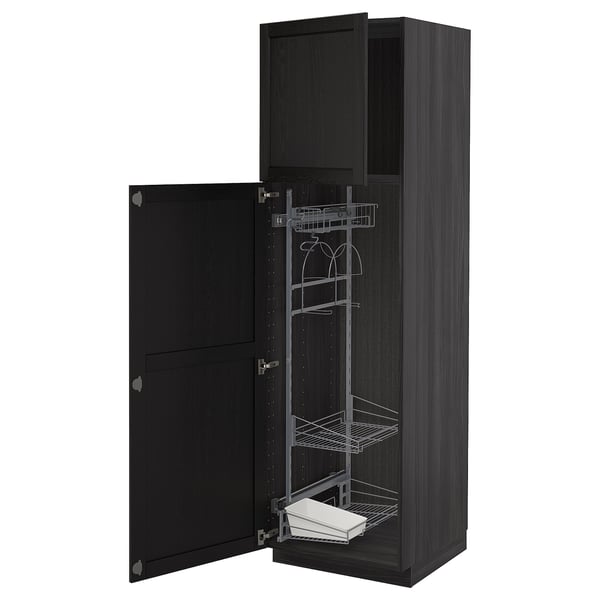 METOD kitchen cabinet in black stained wood with pull-out shelves and hanging organizer.
