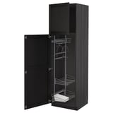 METOD kitchen cabinet in black stained wood with pull-out shelves and hanging organizer.