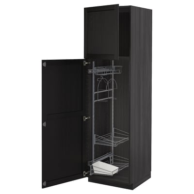 METOD kitchen cabinet in black stained wood with pull-out shelves and hanging organizer.