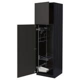 Black kitchen cabinet with open door, metal shelves, and pull-out organizer. Modern design and sturdy construction.