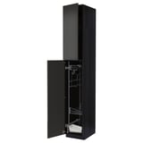 A black METOD tall kitchen cabinet with open doors, revealing internal storage.