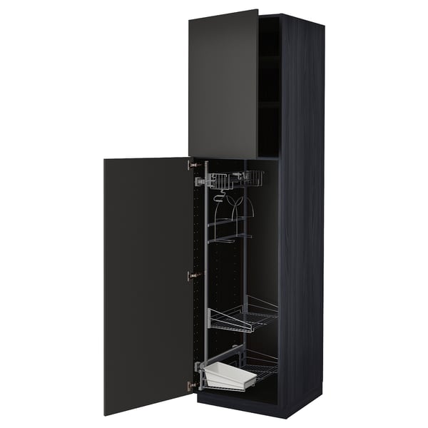 Black METOD kitchen cabinet with open door revealing shelves and storage.