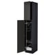 METOD black kitchen cabinet with wire shelves. Tall, slim design with one door open, revealing organized cleaning supplies.