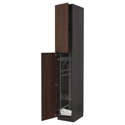A dark brown IKEA METOD kitchen cabinet with a pull-out organizer. The cabinet has a wooden veneer exterior and metal shelves inside.