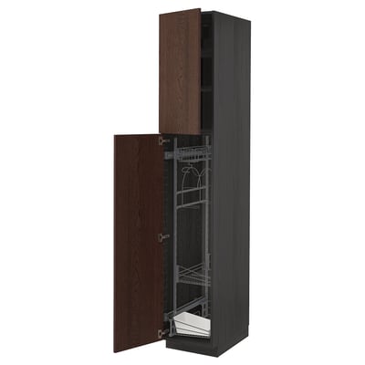 METOD tall dark brown wooden cabinet, open displaying hinges and shelves.