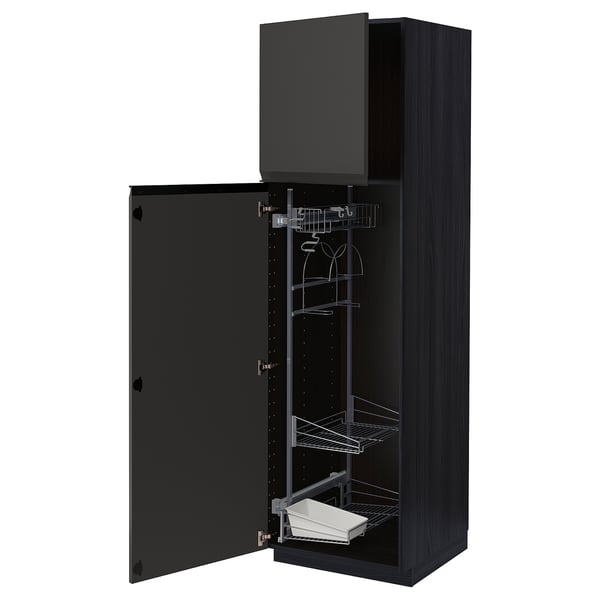 Modern black kitchen cabinet with shelves and pull-out organizer.