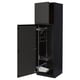 Modern black kitchen cabinet with shelves and pull-out organizer.