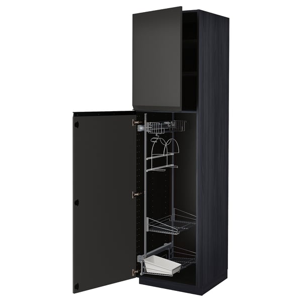 Dark gray METOD kitchen cabinet with open door showing shelves and pull-out organizers.