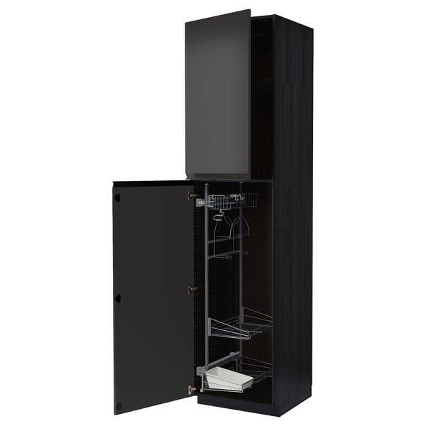 Black tall kitchen cabinet, METOD, with open door, wire shelves, and modern design.