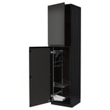 Black tall kitchen cabinet, METOD, with open door, wire shelves, and modern design.