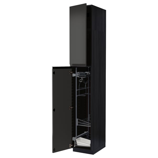 Black METOD kitchen cabinet with pull-out organizers.