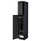 Black kitchen cabinet with open door, wired shelves, modern design.