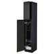 Black kitchen cabinet with open door, wired shelves, modern design.
