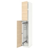 Modern white and light ash wood kitchen cabinet with pull-out racks.