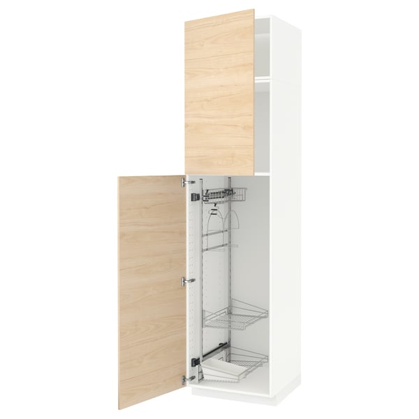A white METOD kitchen cabinet with a light ash wood effect door, open to reveal metal pull-out shelves inside.