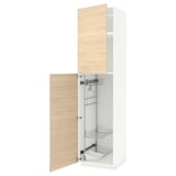 A white METOD kitchen cabinet with a light ash wood effect door, open to reveal metal pull-out shelves inside.