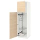 White and wood grain kitchen cabinet with pull-out shelves.