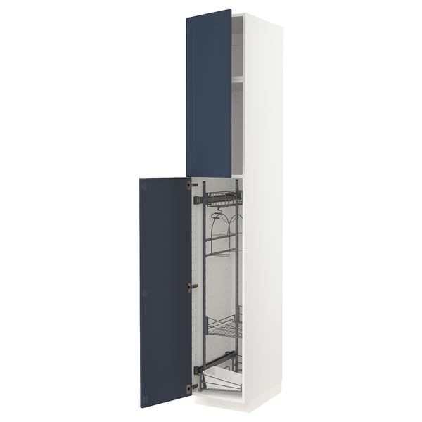 A white METOD kitchen cabinet with blue doors, open to reveal metal shelves.