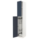 A white METOD kitchen cabinet with blue doors, open to reveal metal shelves.