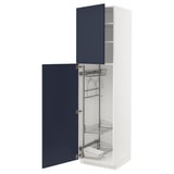Modern white kitchen cabinet with blue door, metal shelves, pull-out organizer.