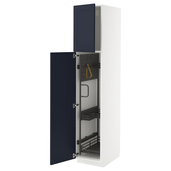 Displays an open METOD kitchen cabinet with blue axstad fronts, featuring an organized storage solution with pull-out racks.