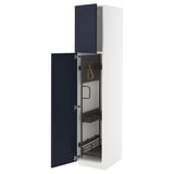 Displays an open METOD kitchen cabinet with blue axstad fronts, featuring an organized storage solution with pull-out racks.