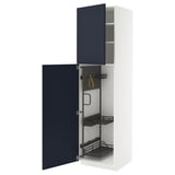 A METOD kitchen cabinet in white with blue axstad doors, open to reveal a pegboard and storage organizer.