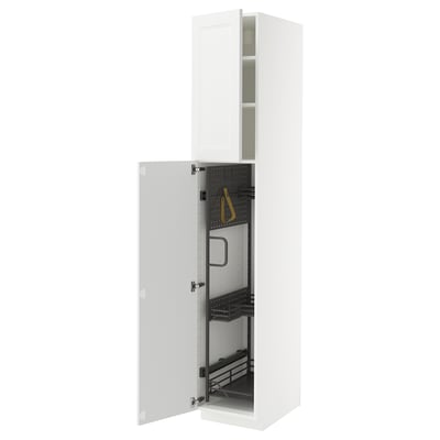 White high cabinet, open door revealing organized cleaning supplies.