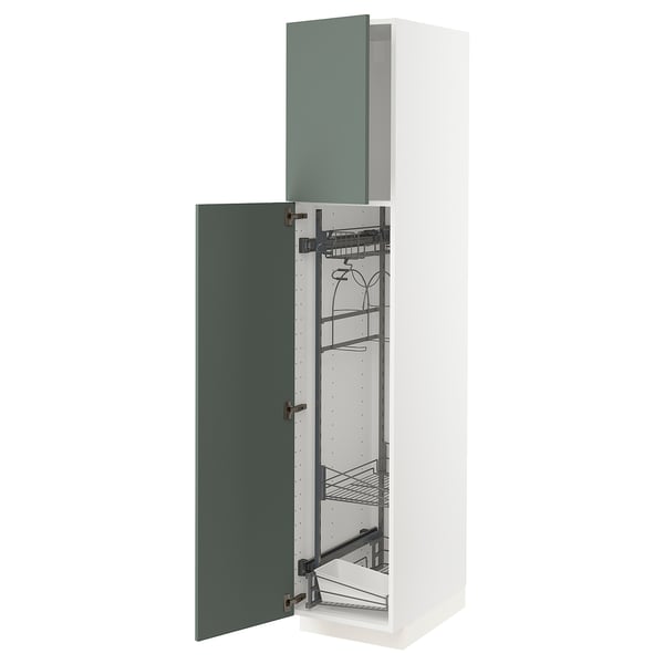 White METOD kitchen cabinet with green-gray doors, wire shelves, open design.