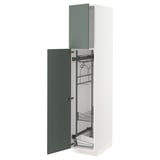 White METOD kitchen cabinet with green-gray doors, wire shelves, open design.