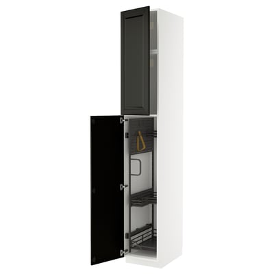 A white METOD kitchen cabinet with black bodbyn beveled doors, open to reveal organized storage compartments.