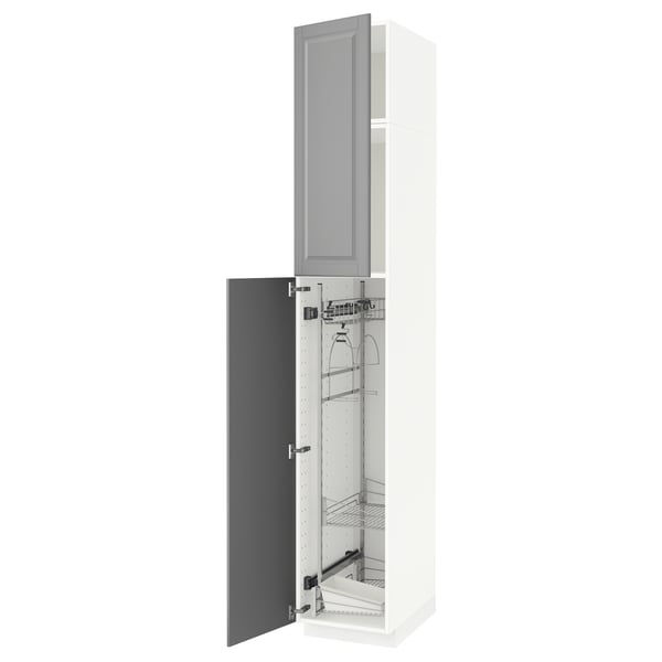 METOD kitchen cabinet shown in grey with shelves, doors open.