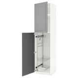 A white METOD kitchen cabinet with grey bodbyn doors featuring bevelled edges, open to reveal pull-out organizers.